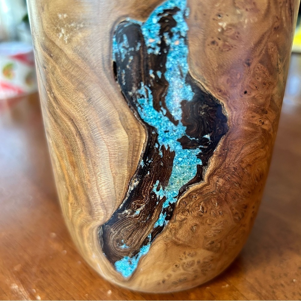 Candle Holder of Hand Turned Inlaid Olive Wood - Picture 2 of 5